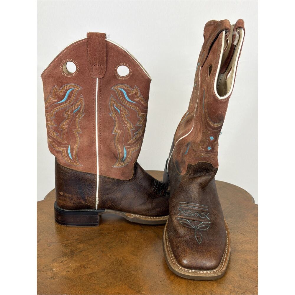Old West Brown Square Toe Colored Stitching Western #1622 Boots Size 6.5